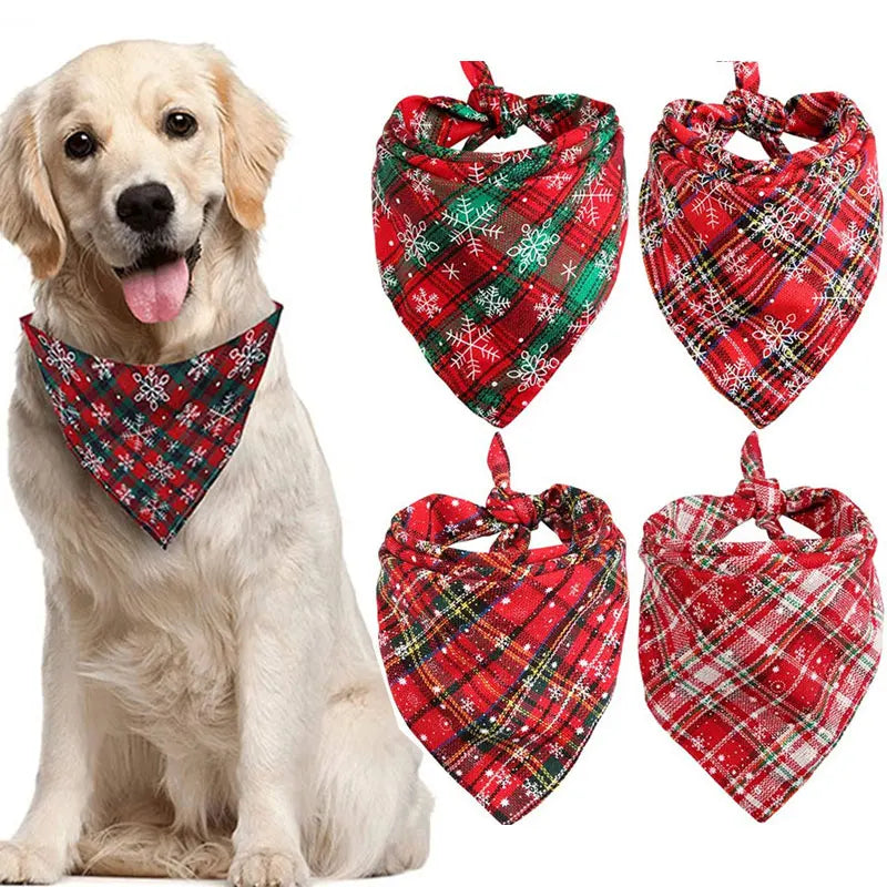 Dog Bandanas Large Pet Scarf Christmas Snow Print Dog Cotton Plaid WashableBow Ties Collar Cat Dog Scarf Large Dog Accessories