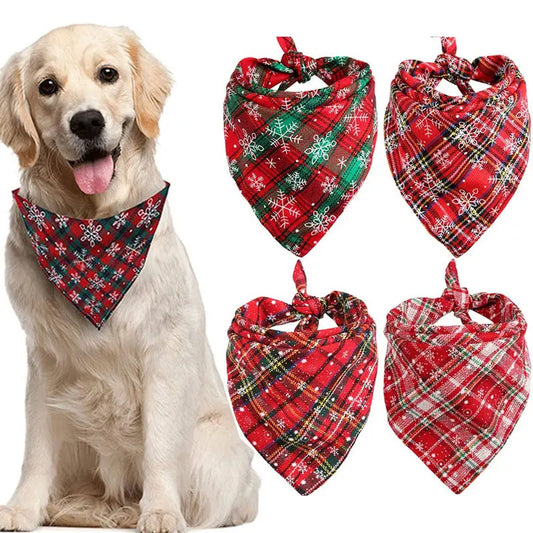 Dog Bandanas Large Pet Scarf Christmas Snow Print Dog Cotton Plaid WashableBow Ties Collar Cat Dog Scarf Large Dog Accessories