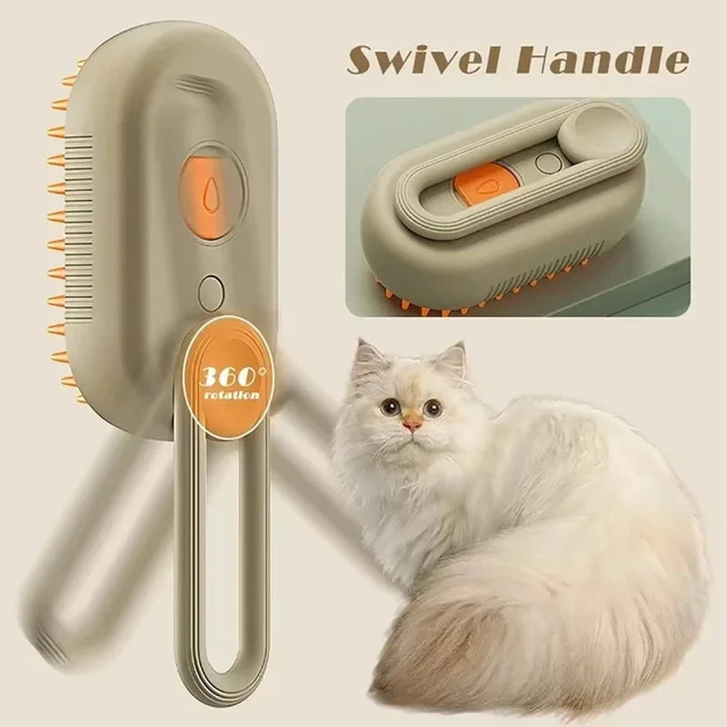 3 in 1 Cat Steam Brush One Touch Spray Pet Hair Removal Tool 360° Rotating Handle Silicone Multifunctional Massage Comb